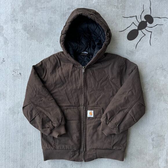 Vintage Y2K Carhartt YOUTH DKB brown hooded work wear jacket - Picture 1 of 9